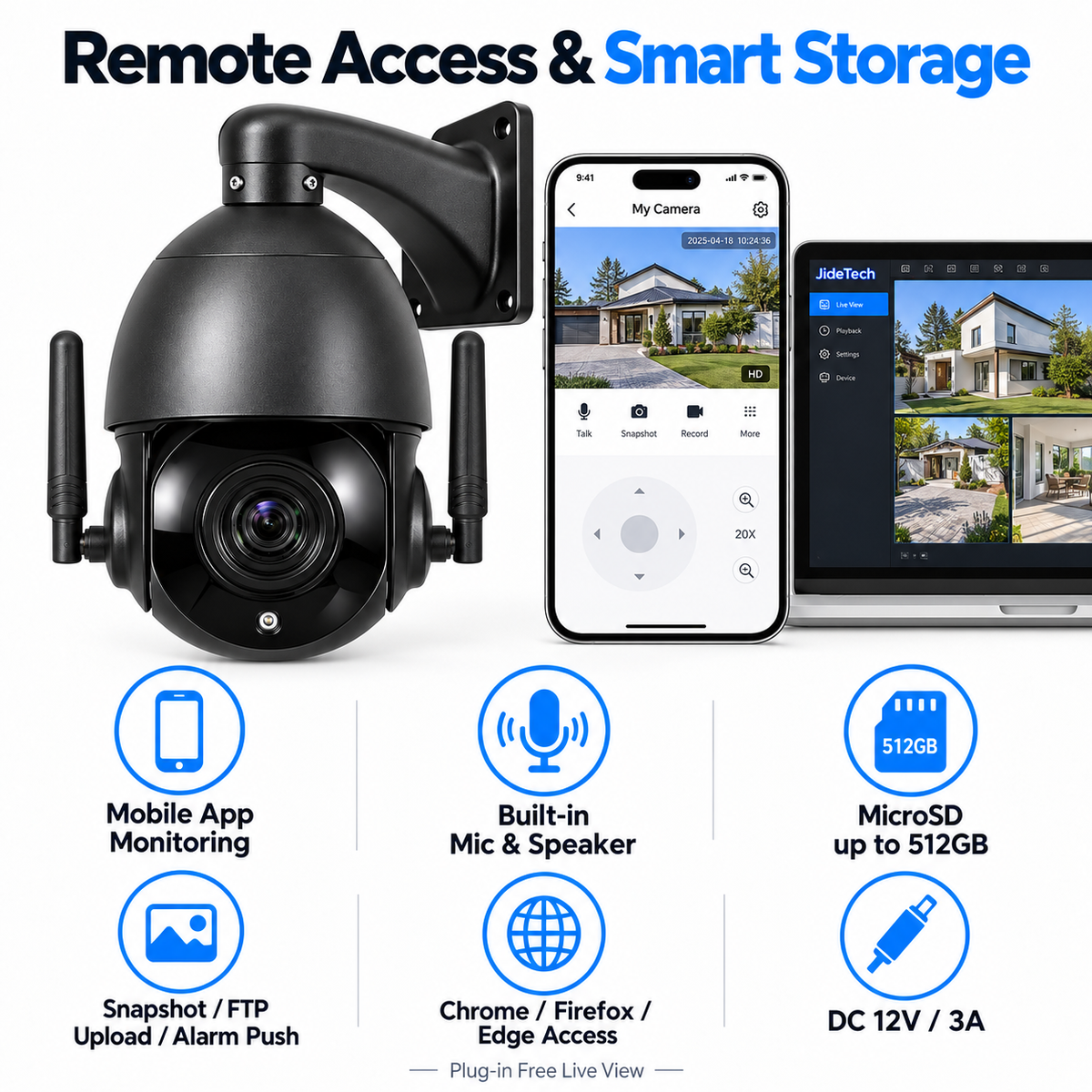 JideTech 8MP 20X WiFi PTZ IP Camera – ONVIF 2.4, RTSP/RTMP, AI Detection & Optional Absolute Positioning | P2