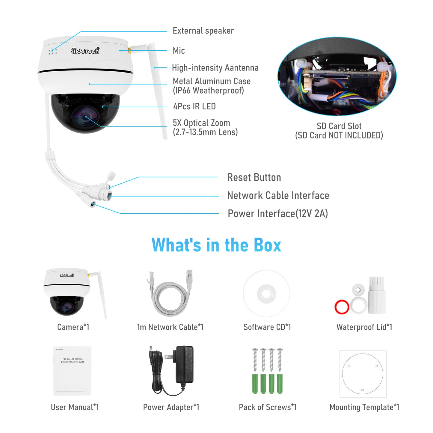 JideTech 2MP 5X Wi-Fi 2.5inch Metal PTZ Camera