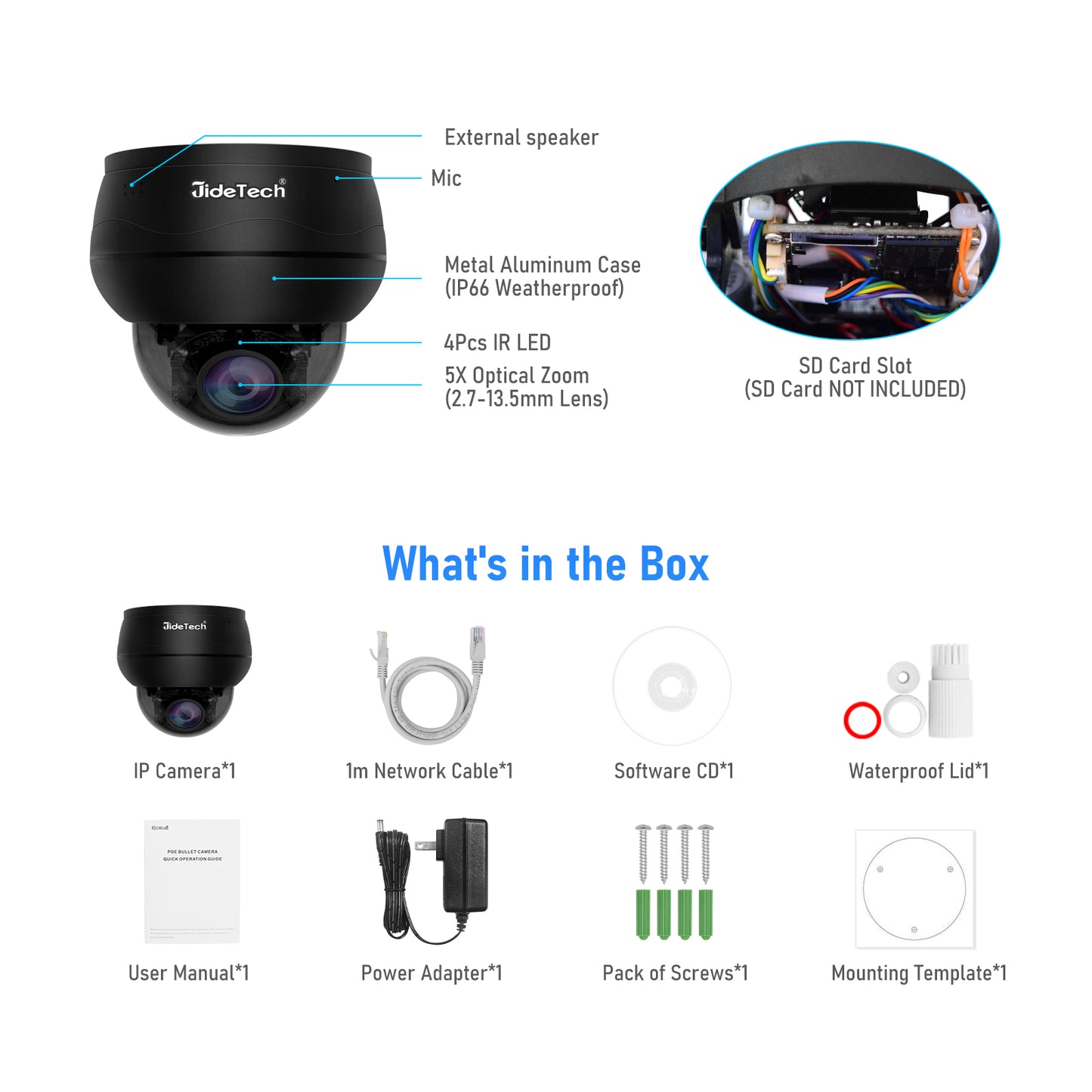 JideTech IP POE Camera Outdoor/Indoor Waterproof IP66 Night Vision Camera (P1 Plus-5X-8MPB)