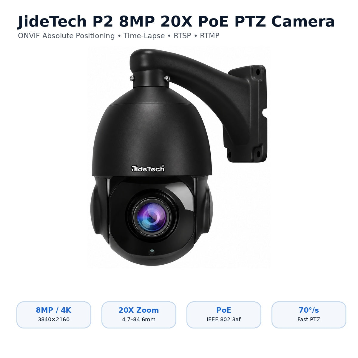 JideTech P2 8MP 20X PoE PTZ camera with ONVIF absolute positioning