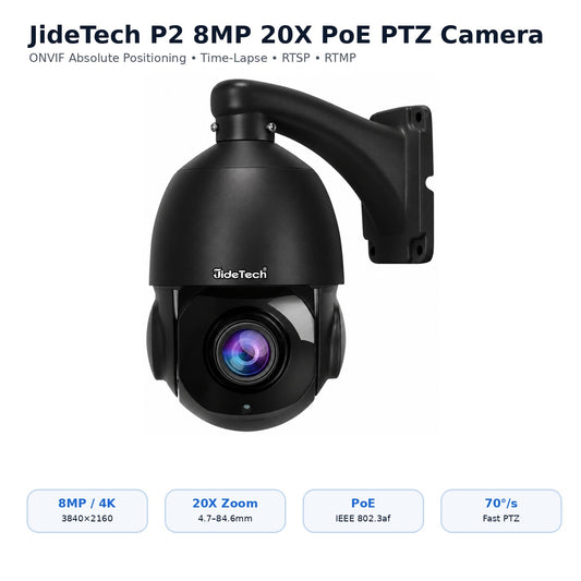 JideTech P2 8MP 20X PoE PTZ camera with ONVIF absolute positioning