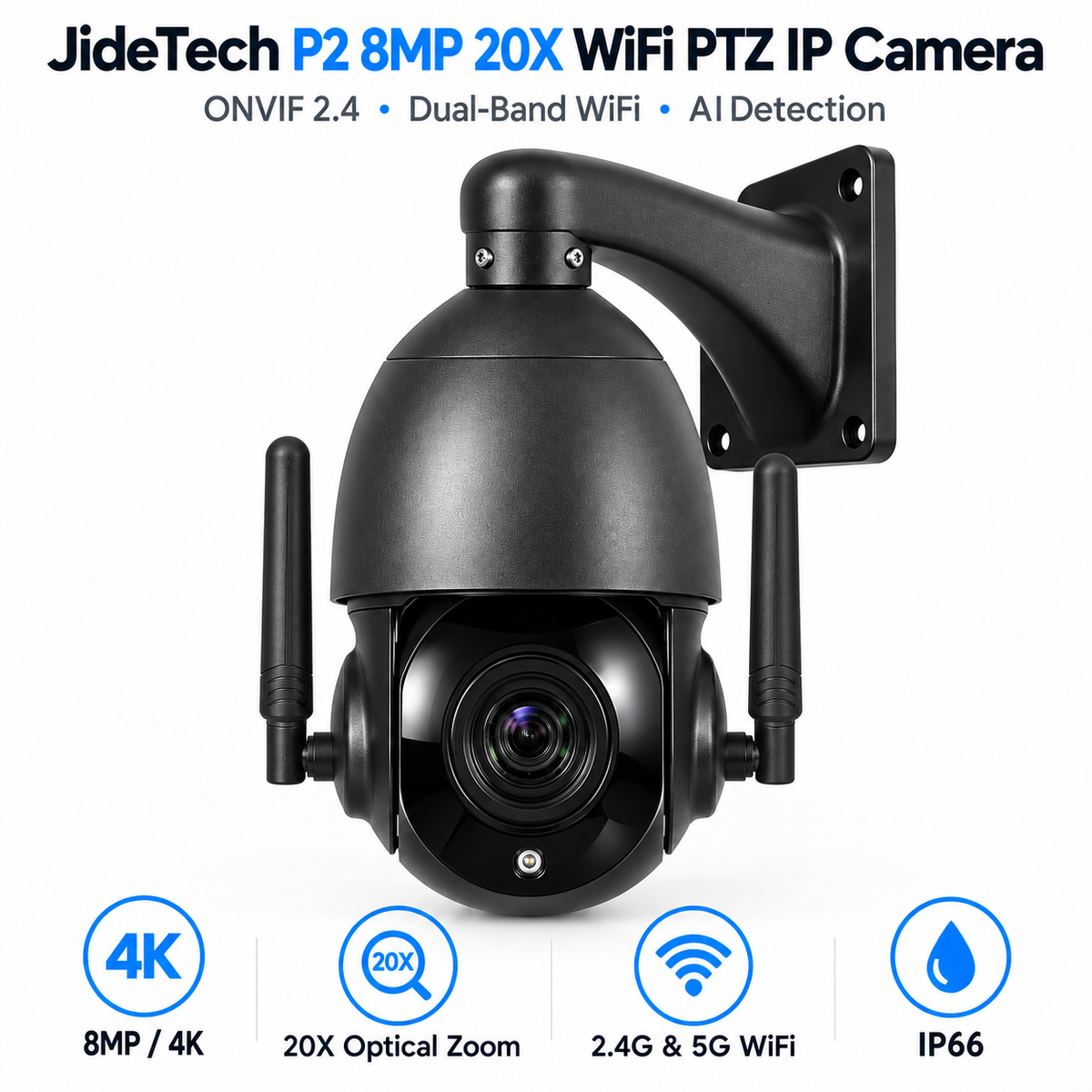 JideTech 8MP 20X WiFi PTZ IP Camera – ONVIF 2.4, RTSP/RTMP, AI Detection & Optional Absolute Positioning | P2