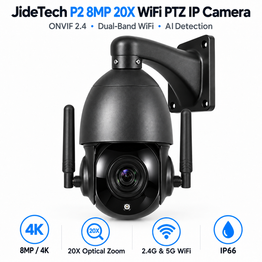 JideTech 8MP 20X WiFi PTZ IP Camera – ONVIF 2.4, RTSP/RTMP, AI Detection & Optional Absolute Positioning | P2