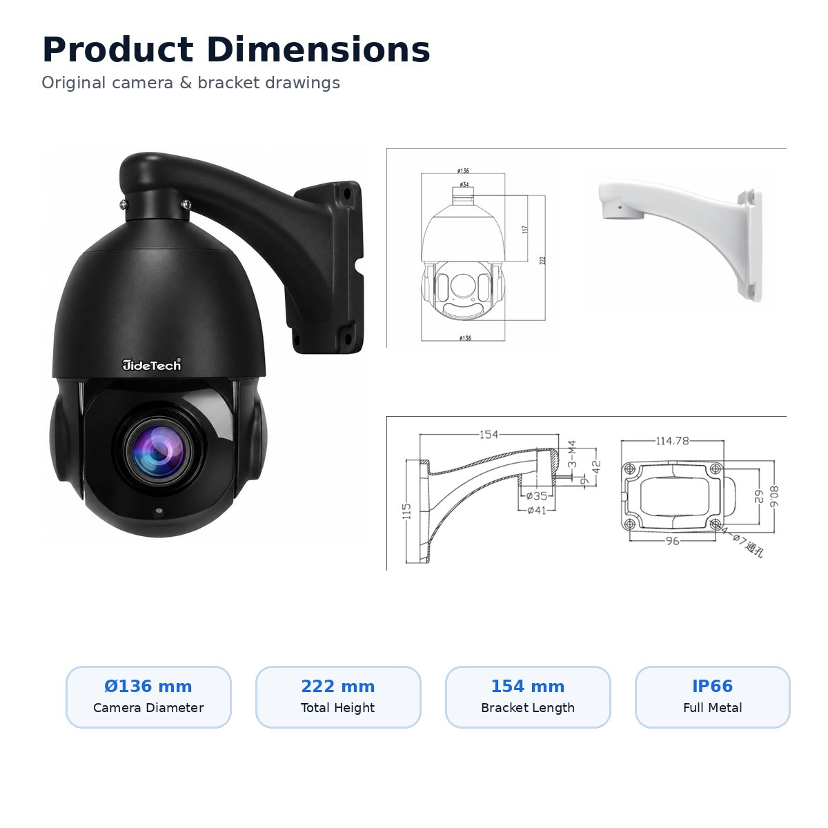 JideTech P2 PoE PTZ camera dimensions using original camera and bracket drawings