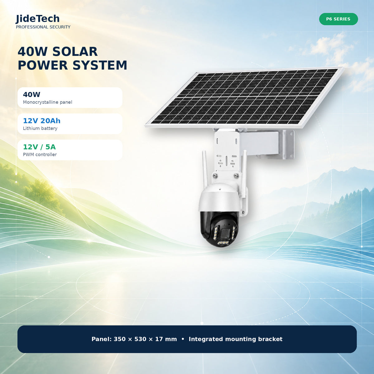 JideTech P6 camera with 40W solar panel and 20Ah lithium battery