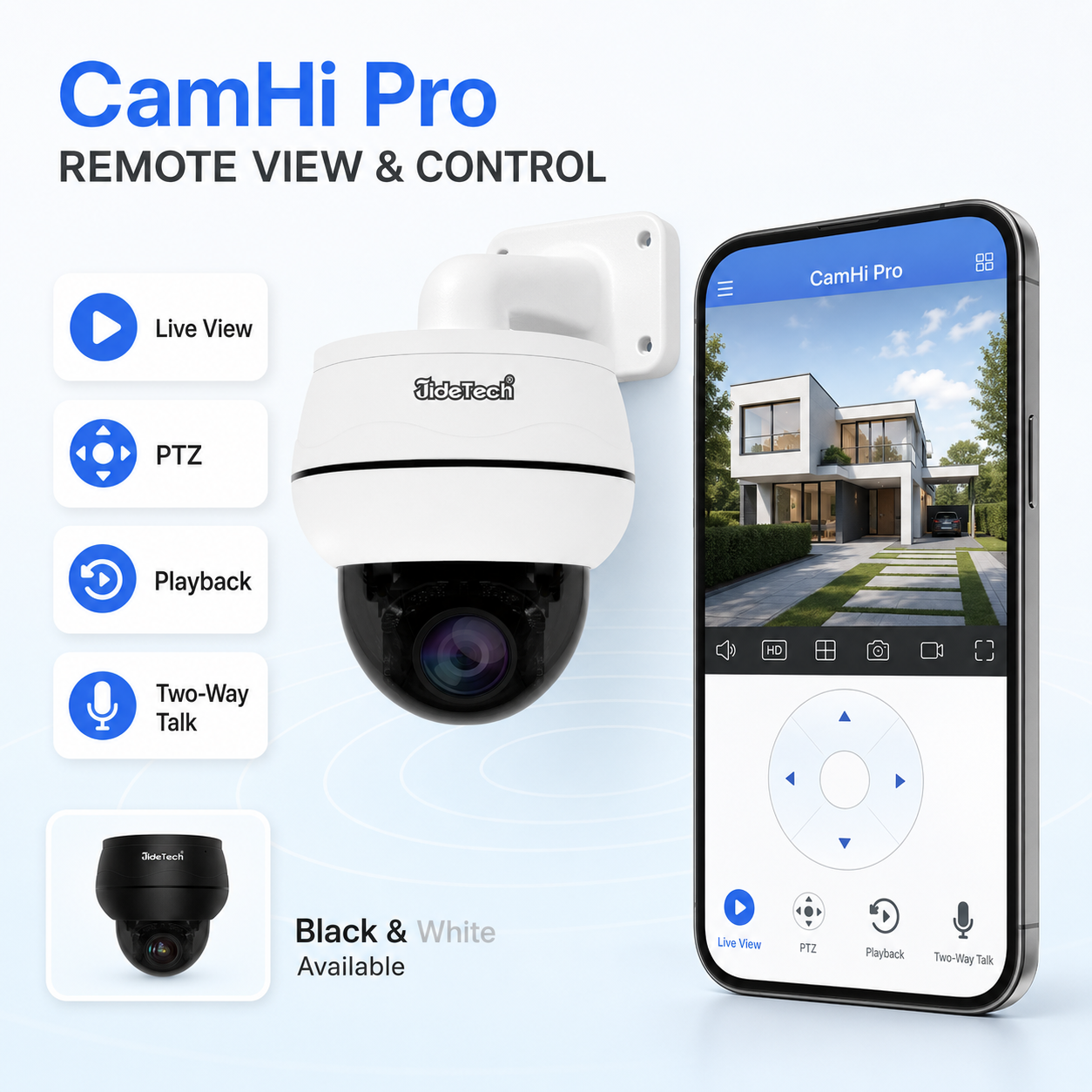 JideTech CamHi Pro 5MP/8MP PoE PTZ Camera, 5X Optical Zoom, Two-Way Audio – P1 Plus
