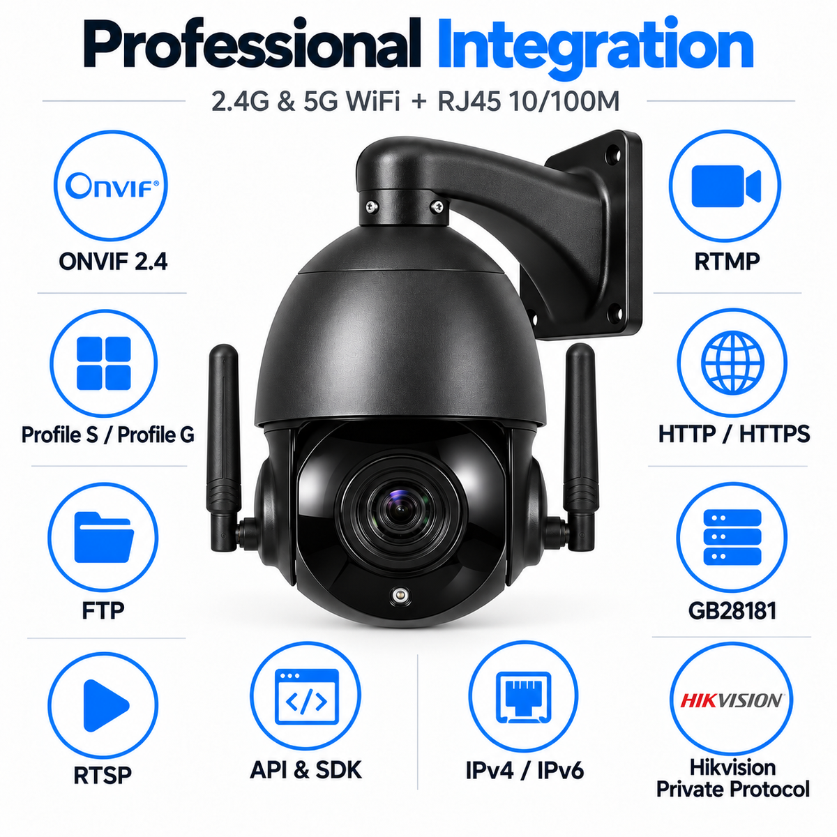 JideTech 8MP 20X WiFi PTZ IP Camera – ONVIF 2.4, RTSP/RTMP, AI Detection & Optional Absolute Positioning | P2