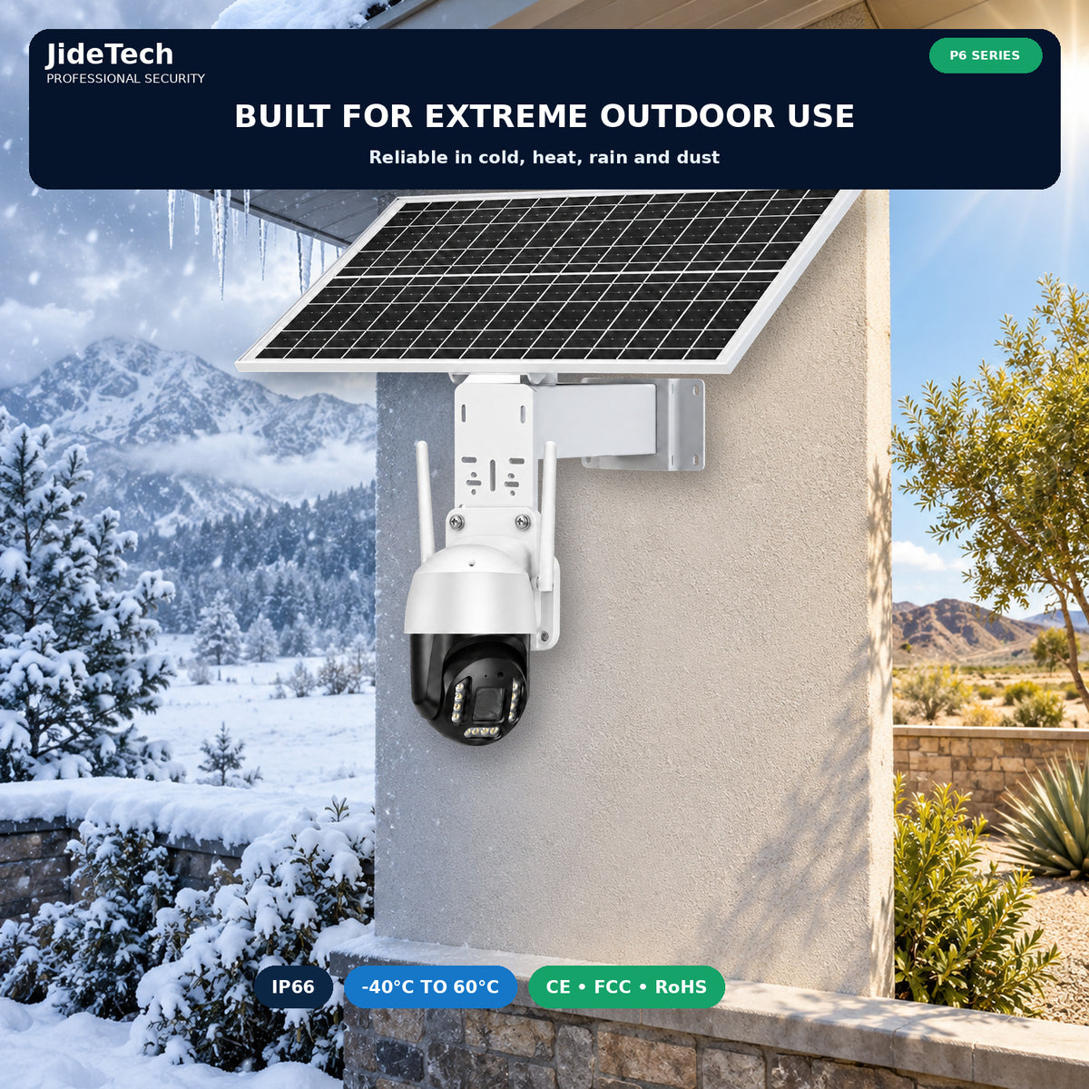JideTech P6 IP66 outdoor solar camera from minus 40 to 60 Celsius
