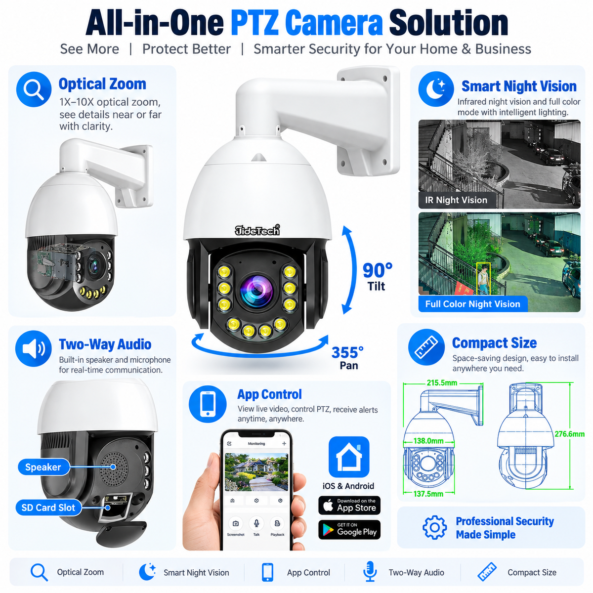 JideTech 5MP/8MP PoE 30X Optischer + 10X Digitaler Zoom PTZ-Kamera für den Außenbereich (P22) 
