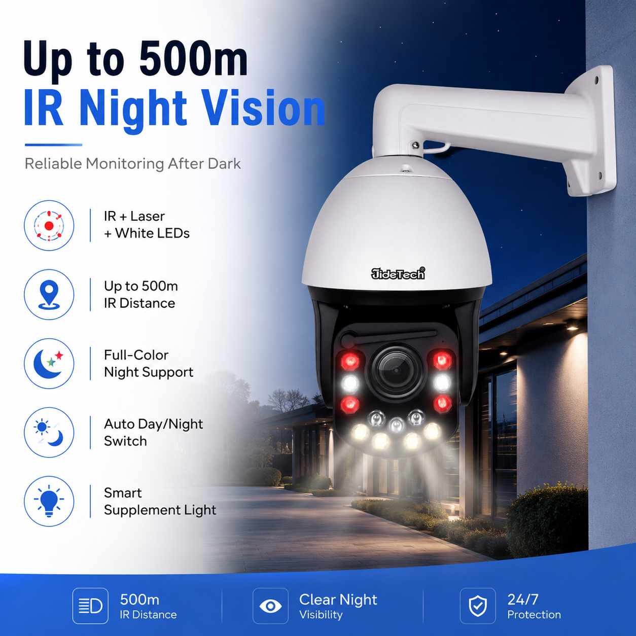 JideTech 8MP 30X Absolute Positioning PoE PTZ Camera with 500m IR Night Vision
