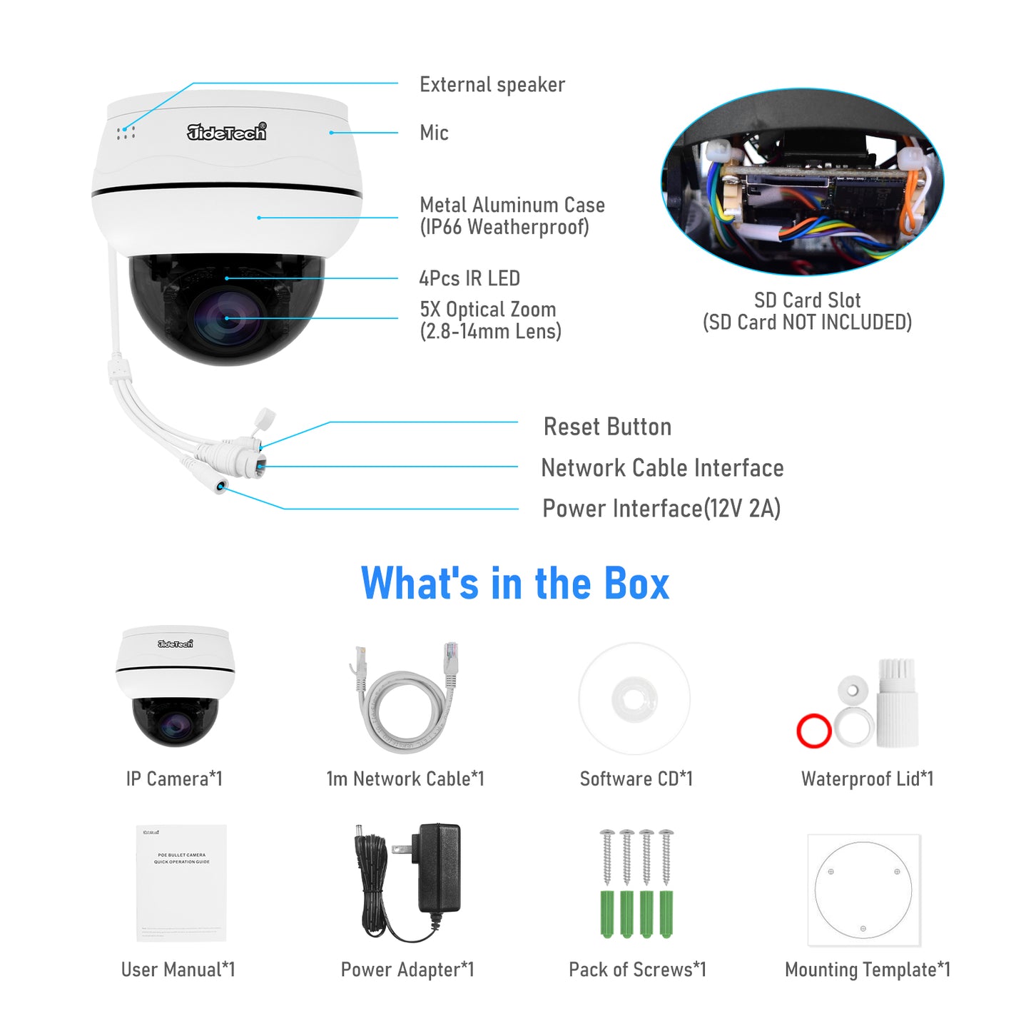 JideTech 5MP/8MP IP POE PTZ Camera Outdoor/Indoor IP66 Night Vision Camera Camhipro(P1 Plus-5X-5MP/8MP)