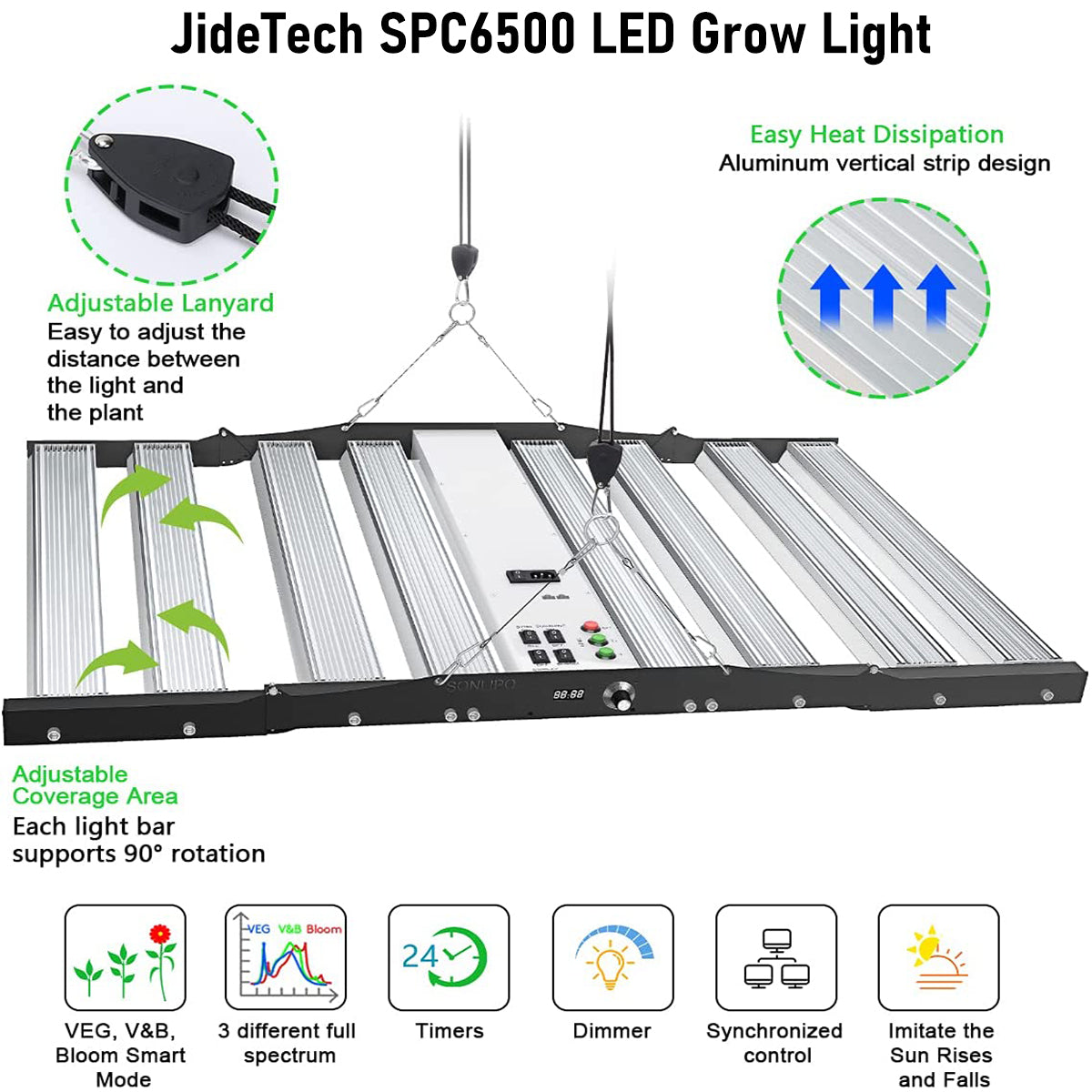 JideTech LED Plant Light Samsung Led 8 Bar Adjustable 650W Full Spectrum Led Grow Light Lamp Horticulture Indoor Plant (SPC6500-650W)