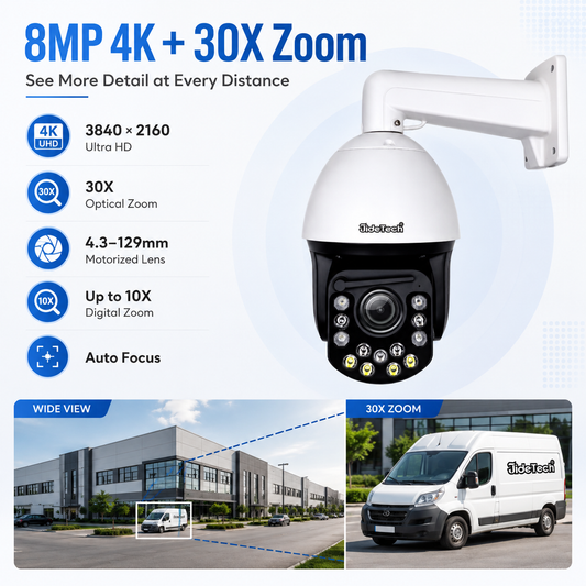 JideTech 8MP 30X Absolute Positioning PoE PTZ Camera with 500m IR Night Vision