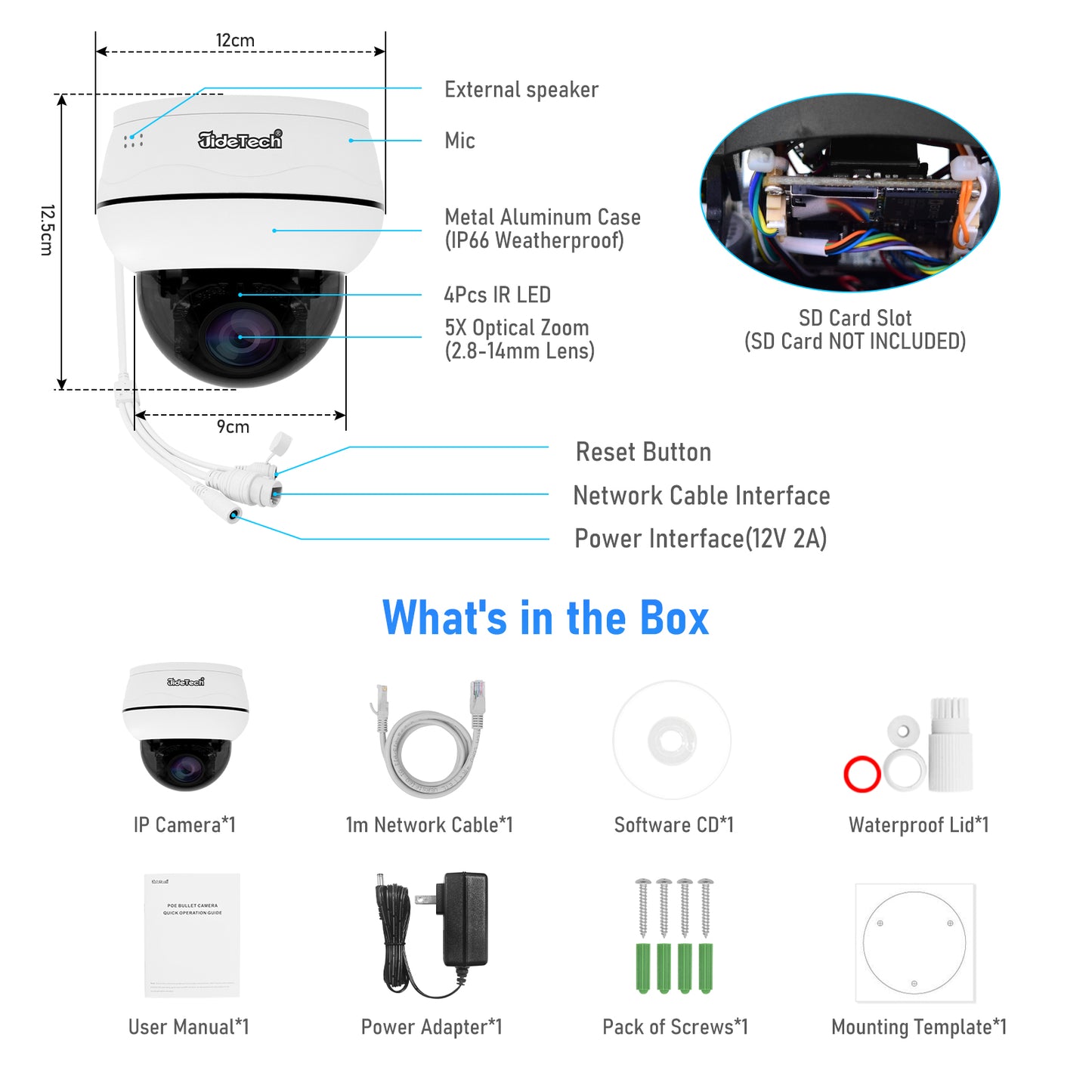 JideTech 5MP/8MP PoE Dome PTZ Camera 5X Zoom Auto Tracking Compatible HIKVISION (P1 PLUS-5X-5MP/8MP)