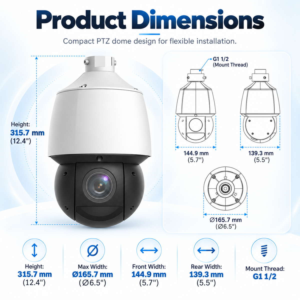 A6558 PTZ camera product dimensions and mounting size