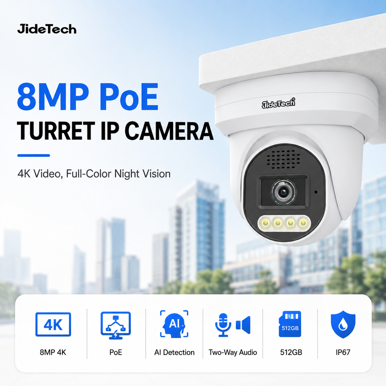 JideTech DM10 8MP PoE Turret IP Camera with Full-Color Night Vision