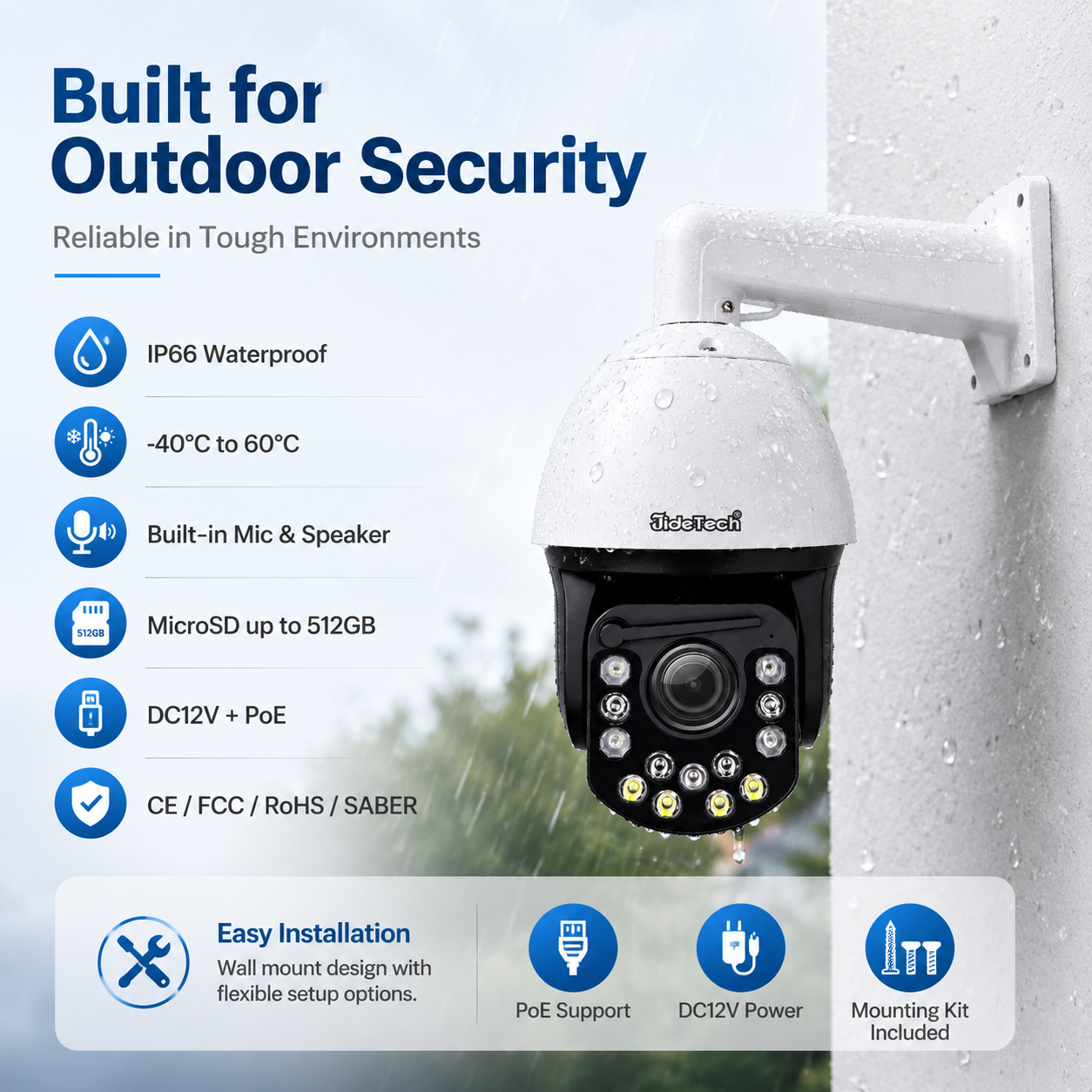 JideTech 8MP 30X Absolute Positioning PoE PTZ Camera with 500m IR Night Vision