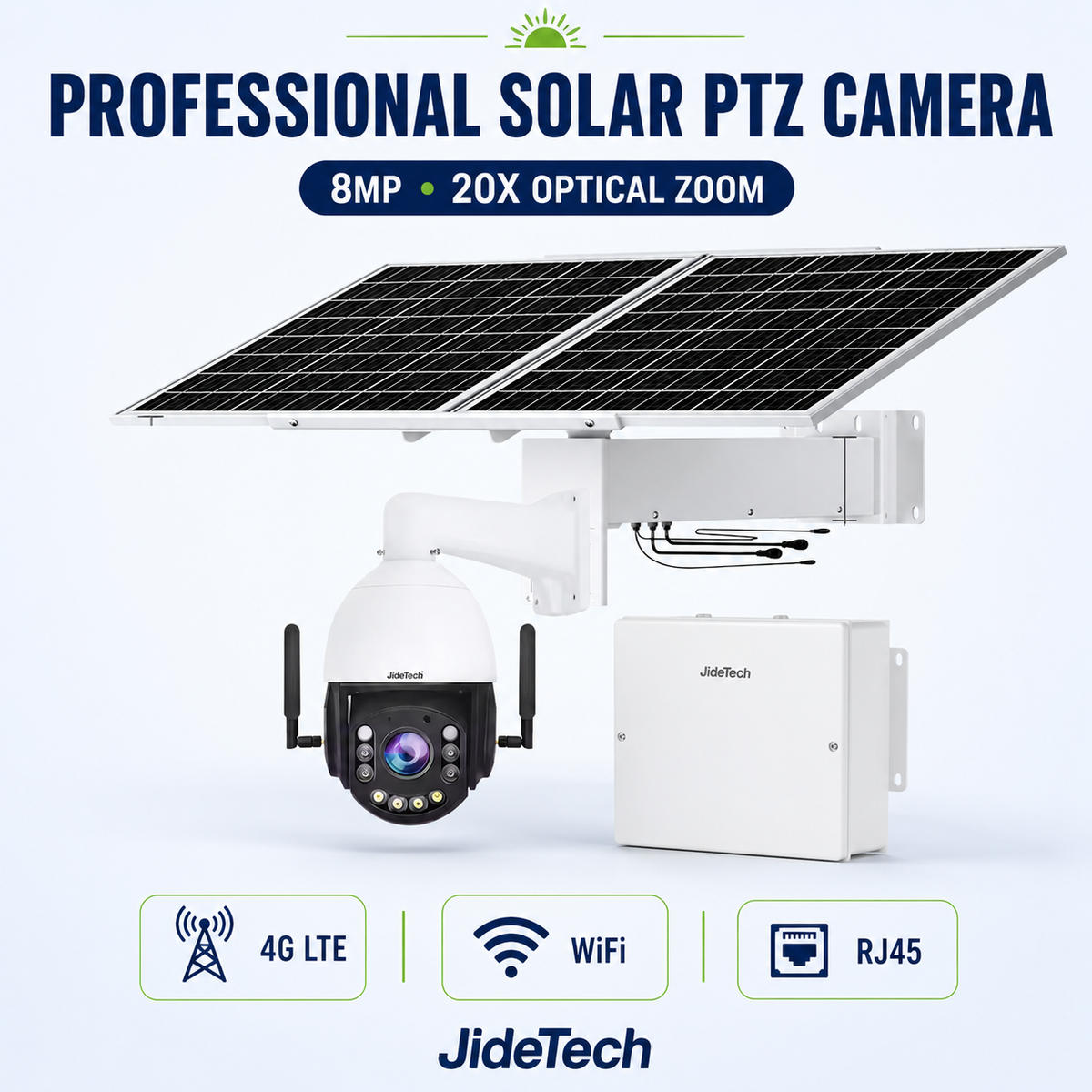 JideTech 8MP 20X 4G WiFi Solar PTZ Camera with OpenVPN, ONVIF & 80W Solar Kit