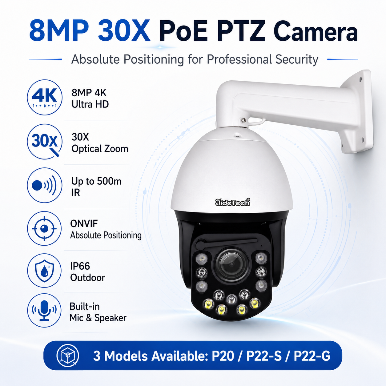 JideTech 8MP 30X Absolute Positioning PoE PTZ Camera with 500m IR Night Vision