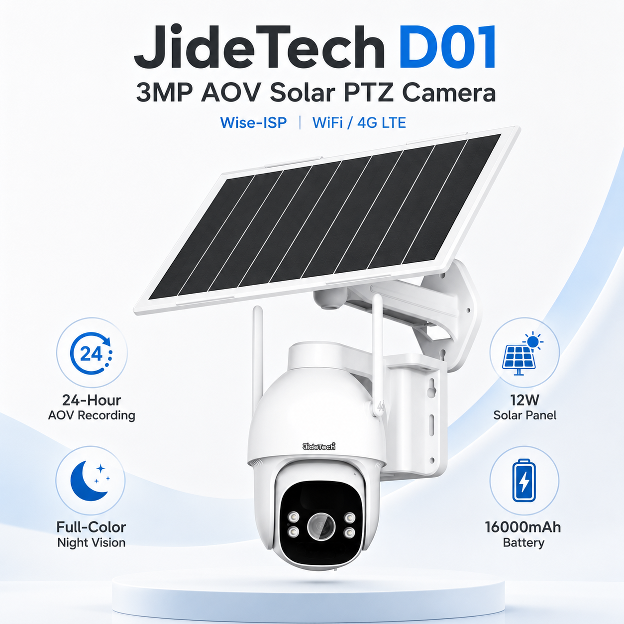 JideTech D01 3MP AOV Solar PTZ Camera with Wise-ISP – WiFi or 4G LTE