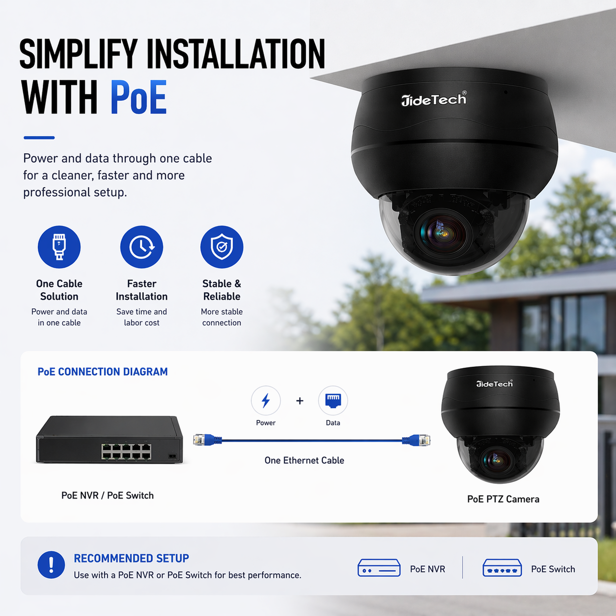 JideTech IP PoE Kamera Außen-/Innenbereich Wasserdichte IP66 Nachtsichtkamera (P1 Plus-5X-8MPB)