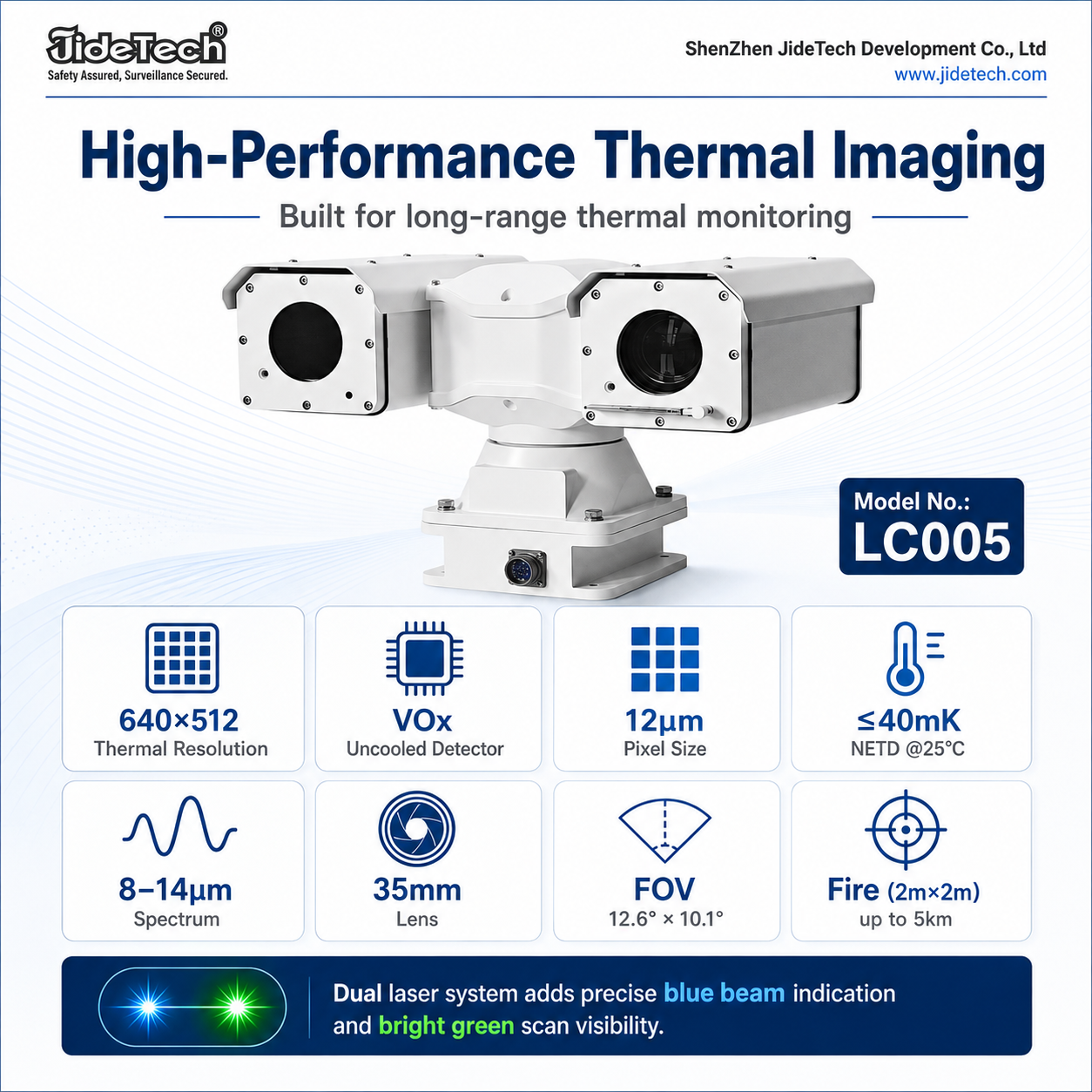 LC005 Dual 5W Green & Blue Laser Thermal PTZ Camera 640×512 35mm