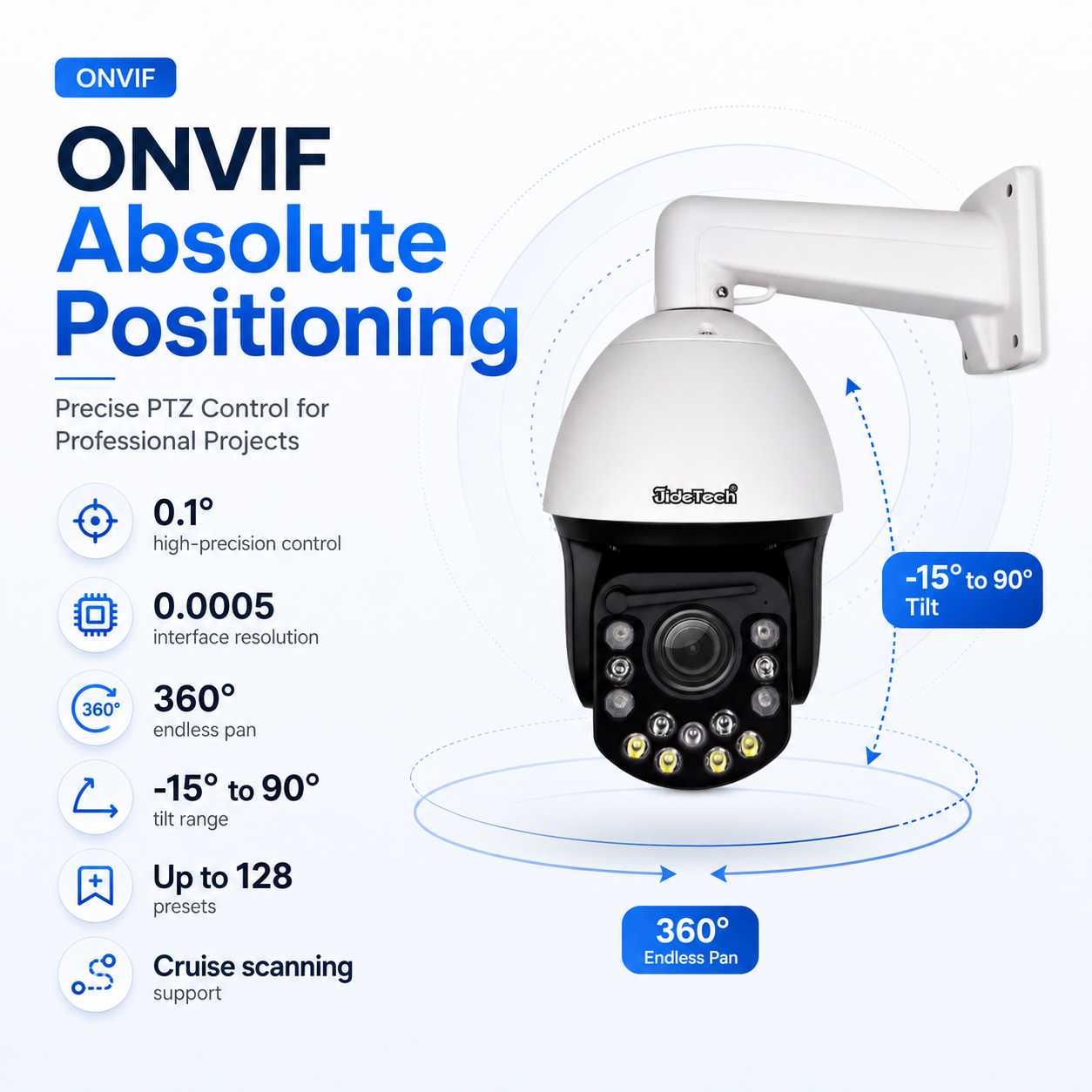 JideTech 8MP 30X Absolute Positioning PoE PTZ Camera with 500m IR Night Vision