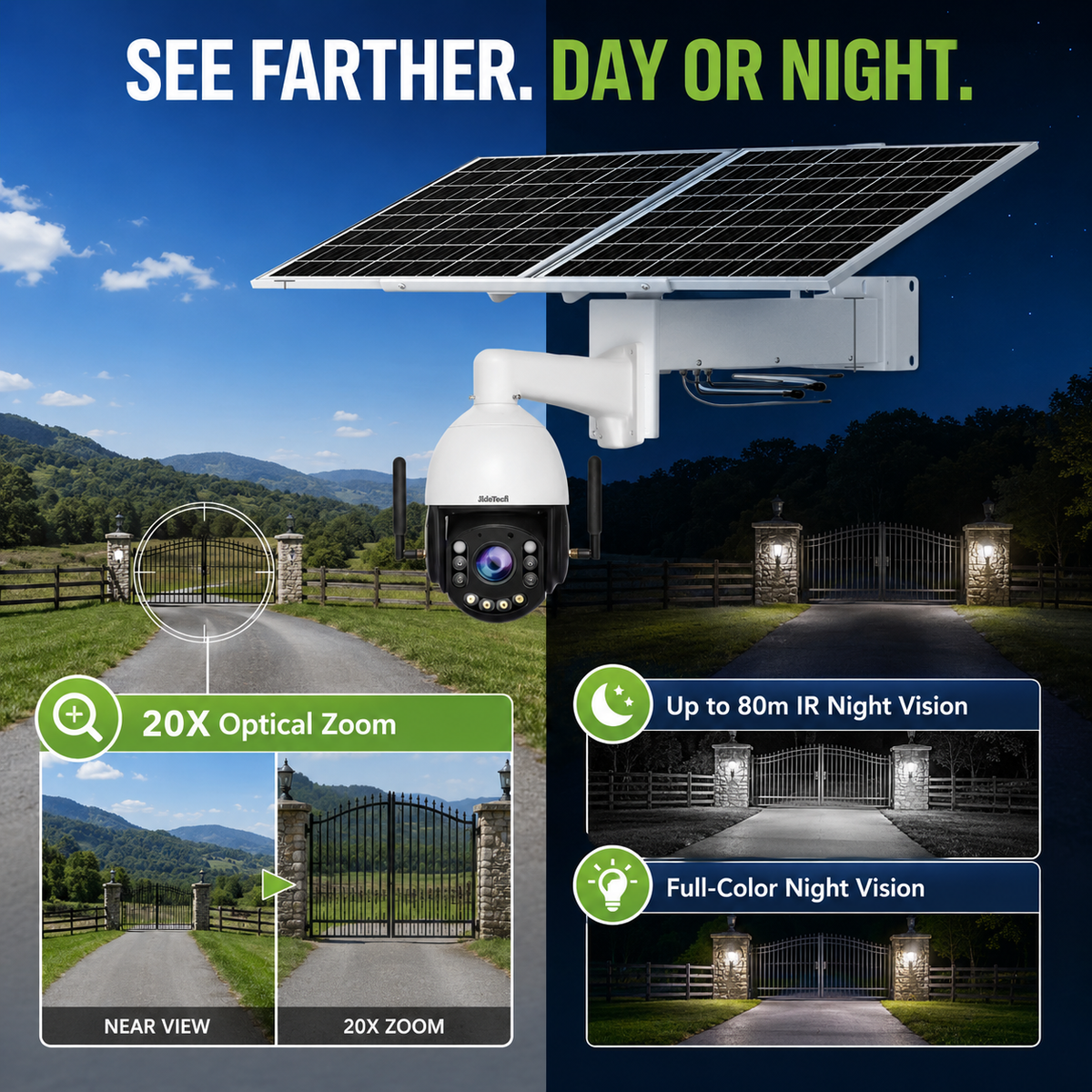 JideTech 8MP 20X 4G WiFi Solar PTZ Camera with OpenVPN, ONVIF & 80W Solar Kit