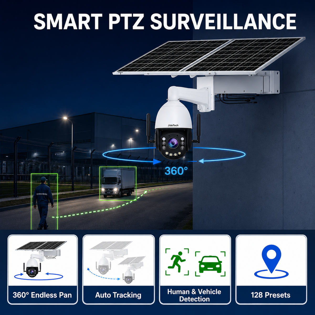 JideTech 8MP 20X 4G WiFi Solar PTZ Camera with OpenVPN, ONVIF & 80W Solar Kit