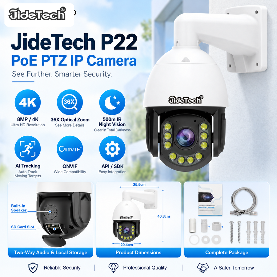 JideTech P22 8MP 4K 36X Optical Zoom PoE PTZ IP Camera, 500m IR, AI Tracking, ONVIF