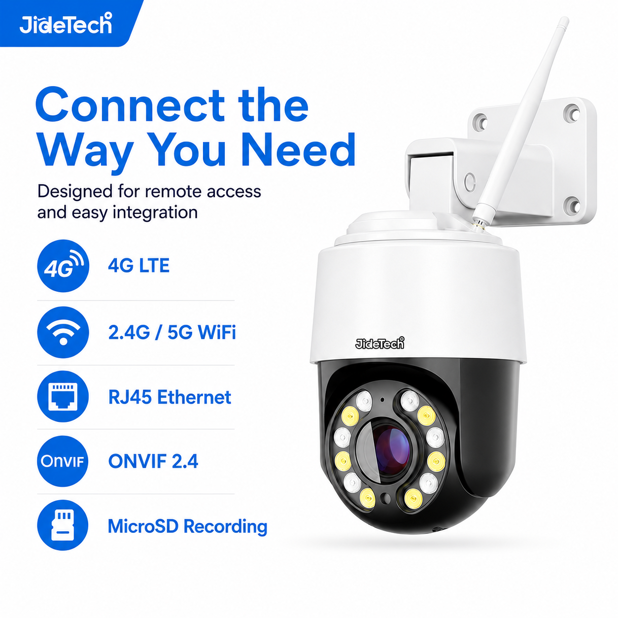 JideTech 3,5-Zoll 10X 8MP 4G (Rot- und Blaualarm) PTZ-Kamera (Q7-10X-8MP4G) 