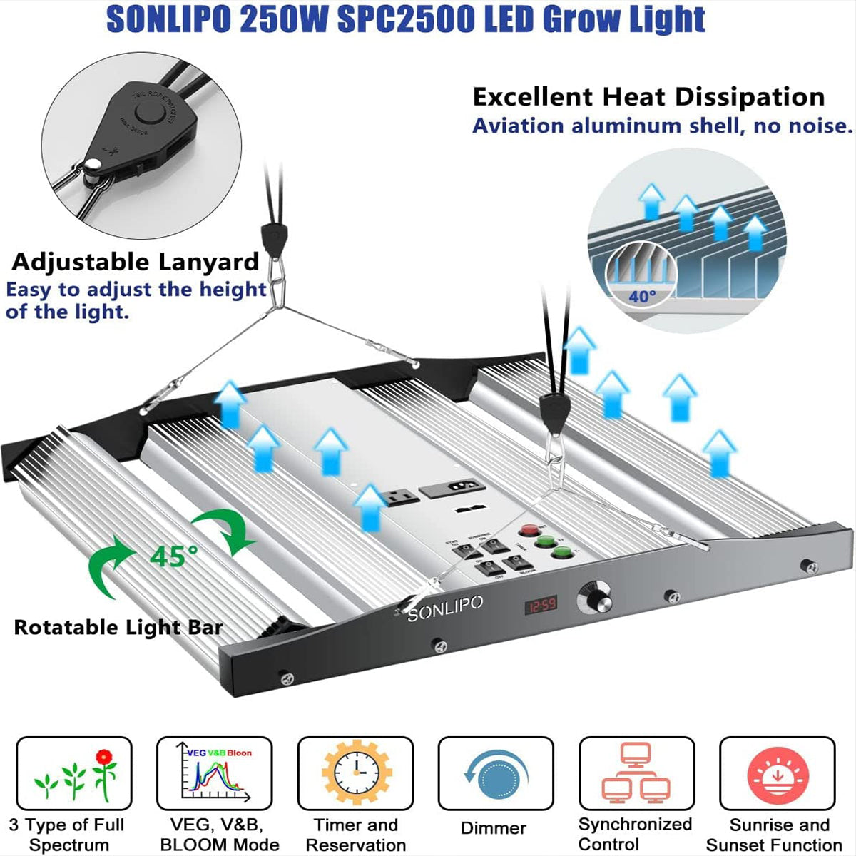 Sonlipo SPC2500 LED-Pflanzenlampen, 3 Arten von Vollspektrum-Pflanzenlampen, 250 W, Timer und Dimmer