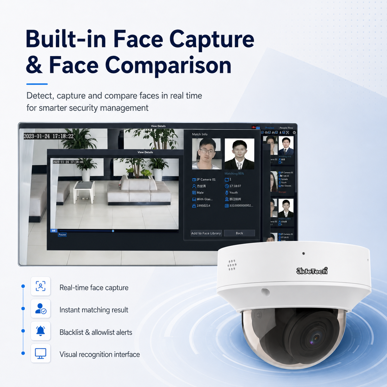 JideTech 4MP/8MP Face Recognition LightHunter WDR Dome IP Camera with 4X Zoom, PoE, Face Capture & Comparison A3238