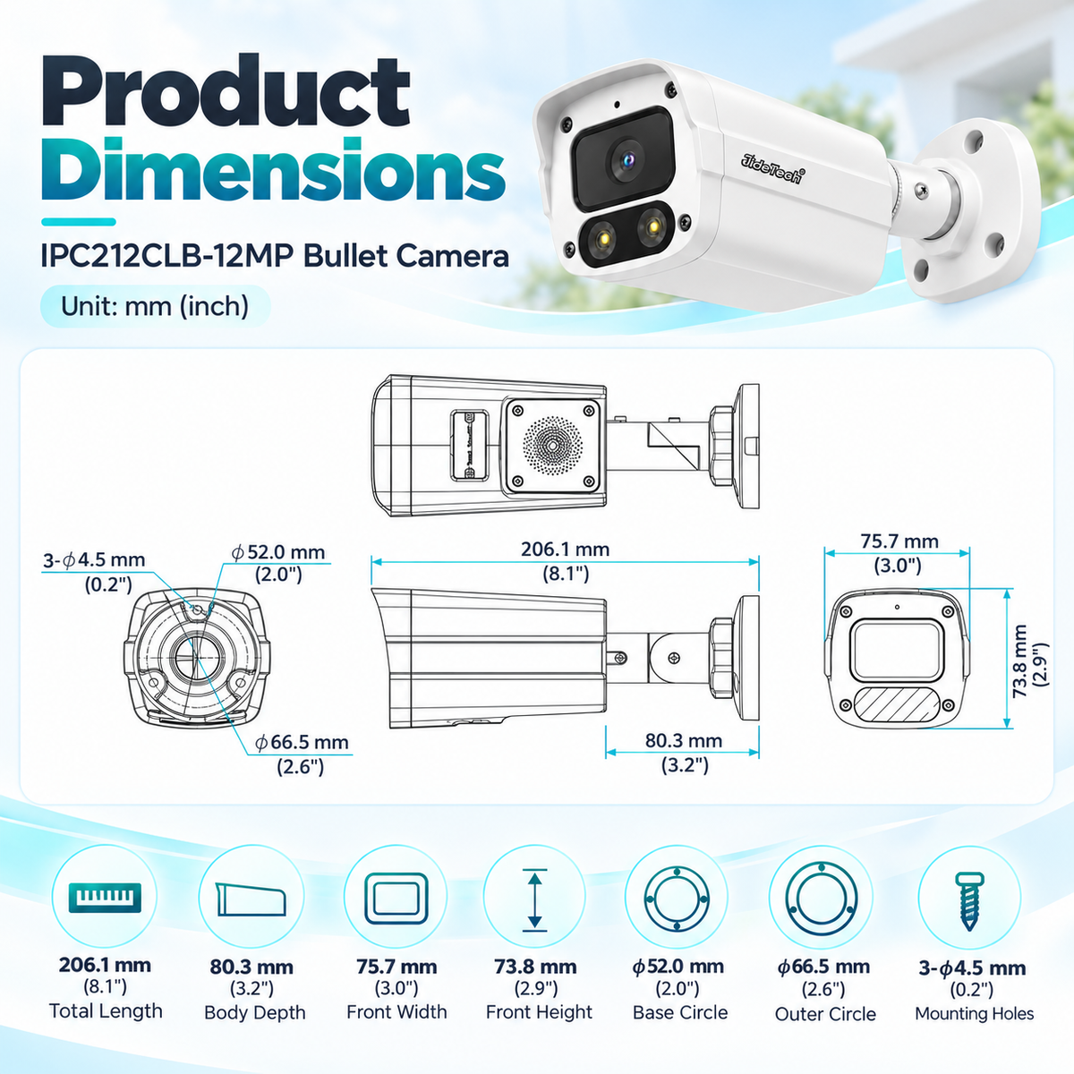 IPC212CLB-12MP bullet camera dimensions 206.1 x 75.7 x 73.8 mm