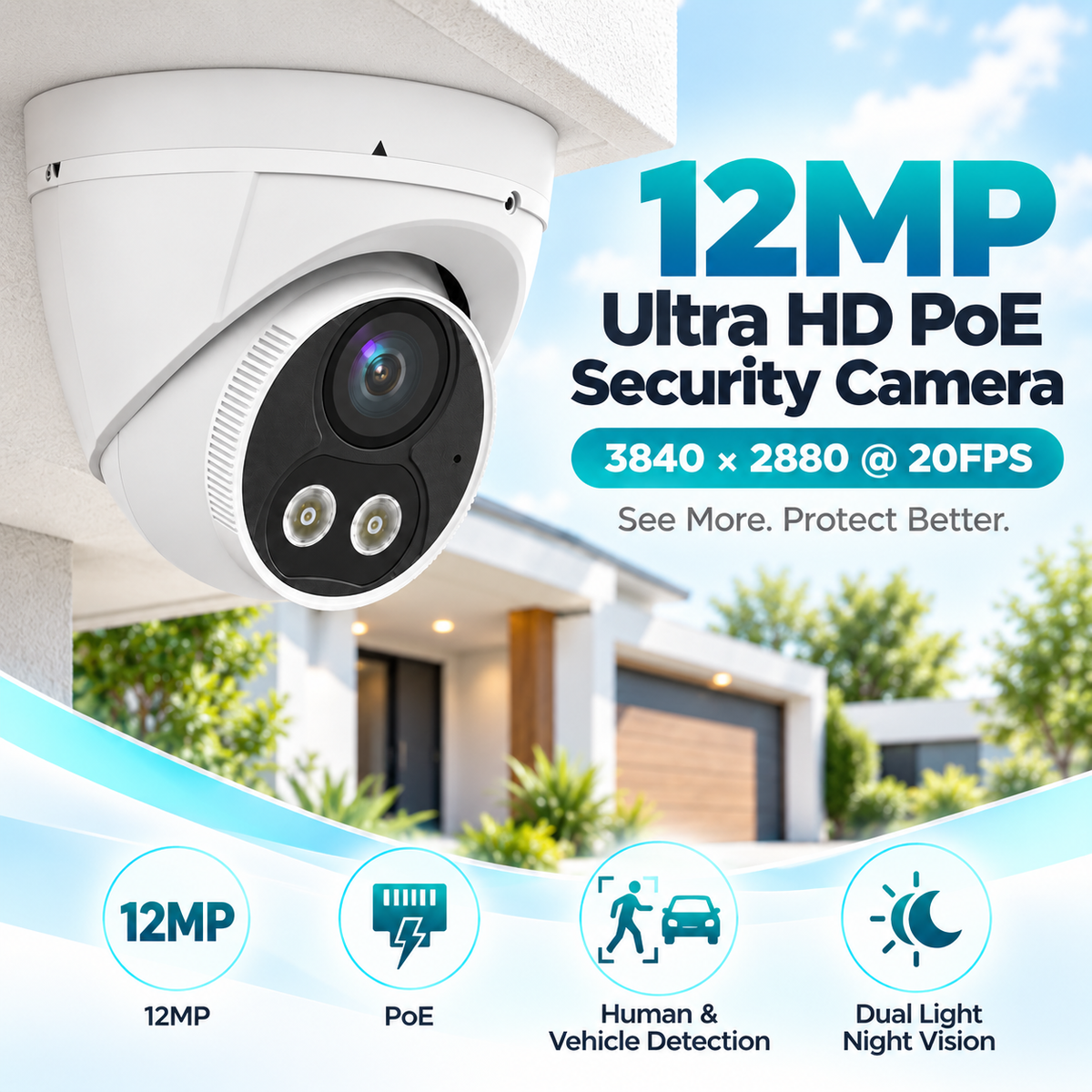 JideTech 12MP 20FPS PoE Turret IP Camera with Smart Dual Light, Human & Vehicle Detection, ONVIF