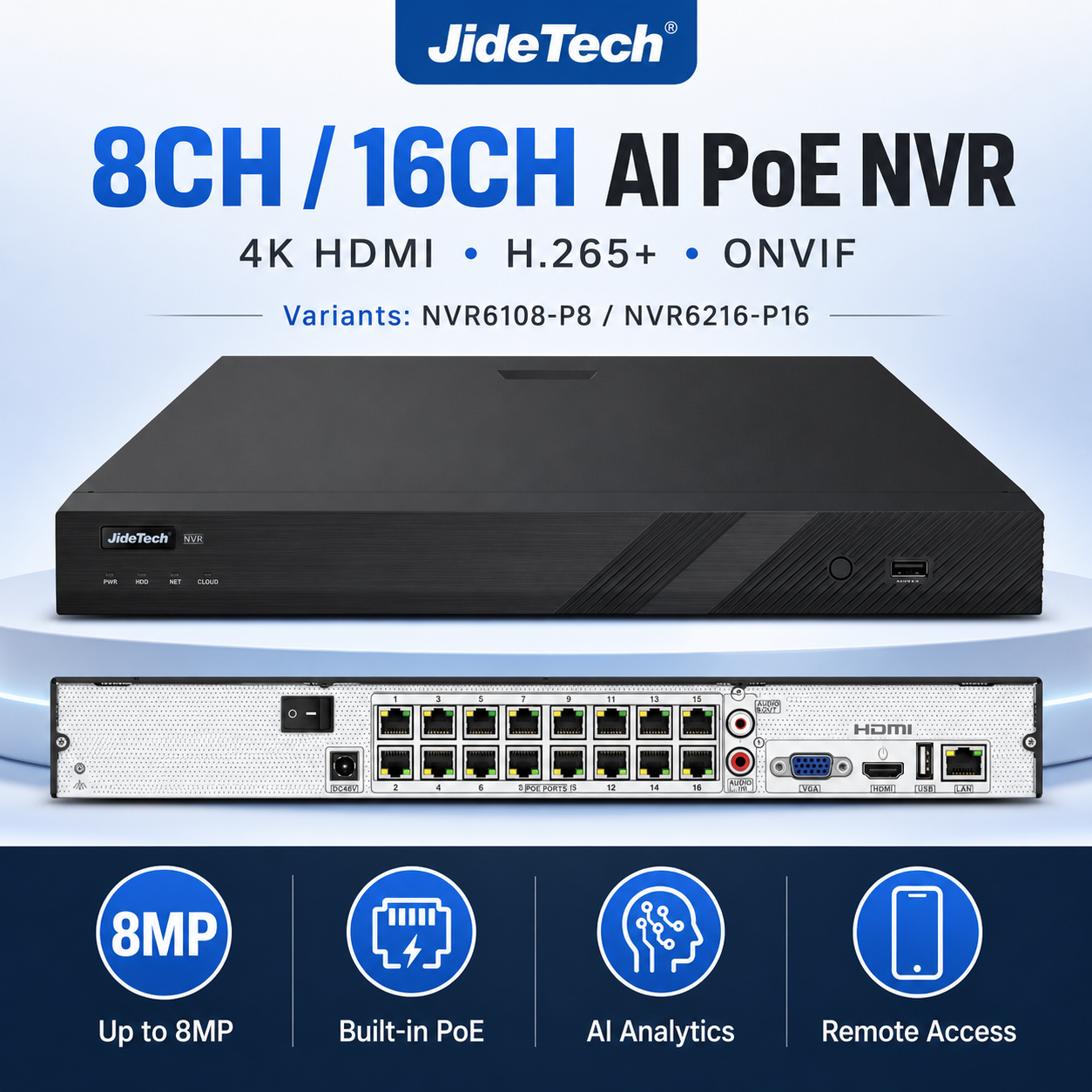 JideTech 8CH/16CH AI PoE NVR Recorder with 4K HDMI, H.265+ & ONVIF Support