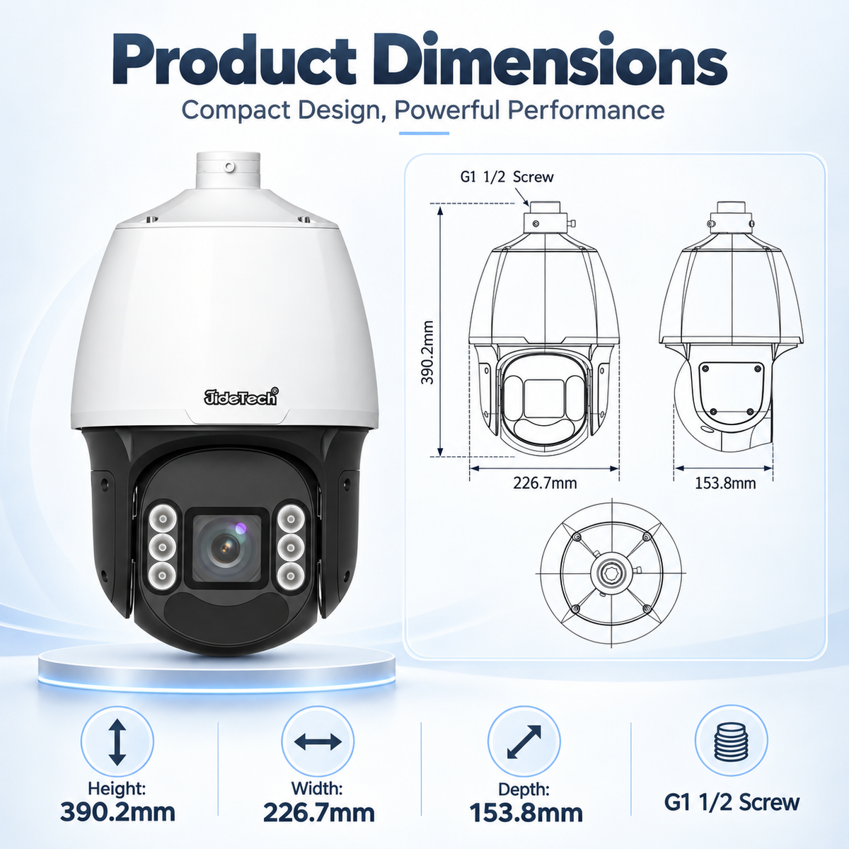 JideTech A6628 PTZ camera dimensions 390.2mm height 226.7mm width 153.8mm depth