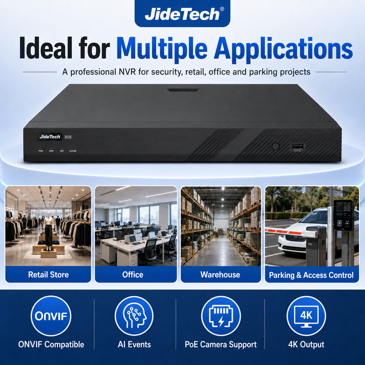 JideTech 8CH/16CH AI PoE NVR Recorder with 4K HDMI, H.265+ & ONVIF Support