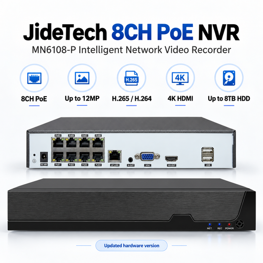 JideTech MN6108-P 8CH PoE NVR with 12MP H.265 4K HDMI and 8TB HDD support