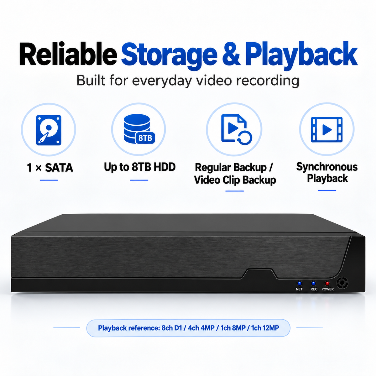 JideTech MN6108-P NVR supports one SATA hard drive up to 8TB with backup and playback