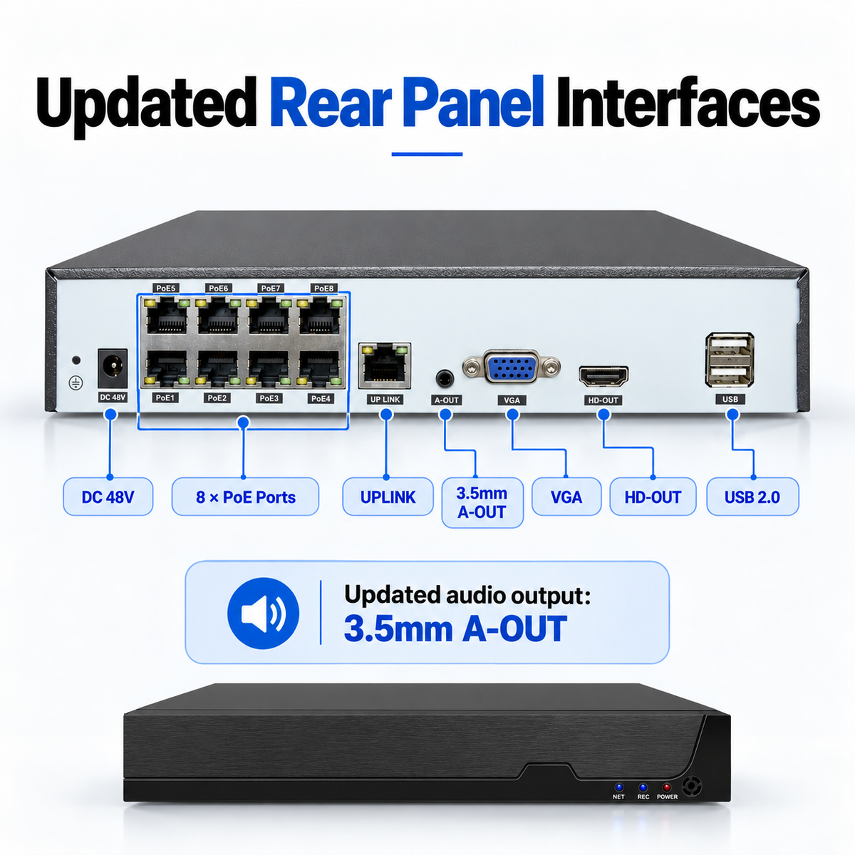 JideTech MN6108-P updated rear panel with 8 PoE ports 3.5mm audio output VGA HDMI and USB