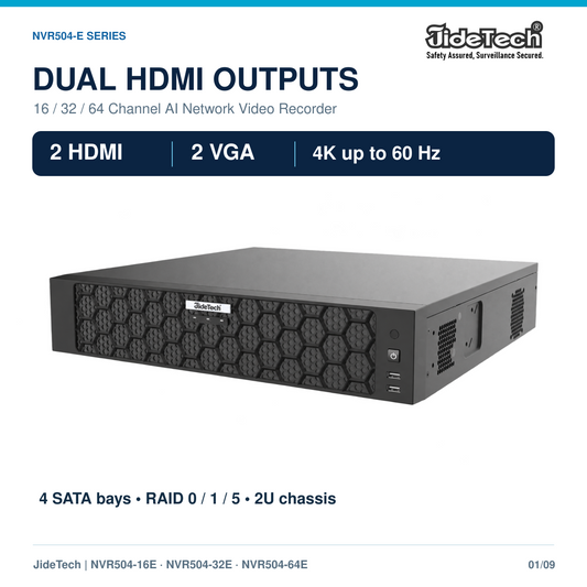 JideTech NVR504-E dual HDMI 16 32 64 channel 4-bay AI network video recorder