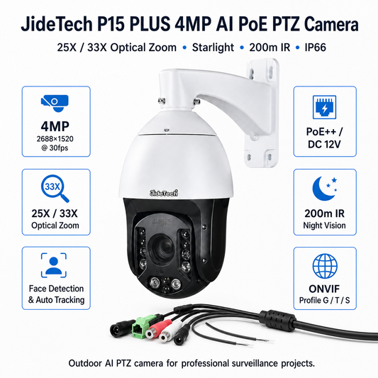 JideTech P15 PLUS 4MP PoE Starlight AI PTZ Camera – 25X/33X Zoom, 200m IR
