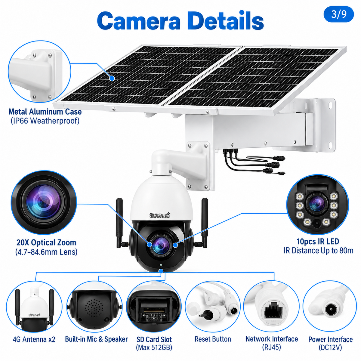 JideTech P2 8MP 20X solar PTZ camera features with AI tracking and night vision