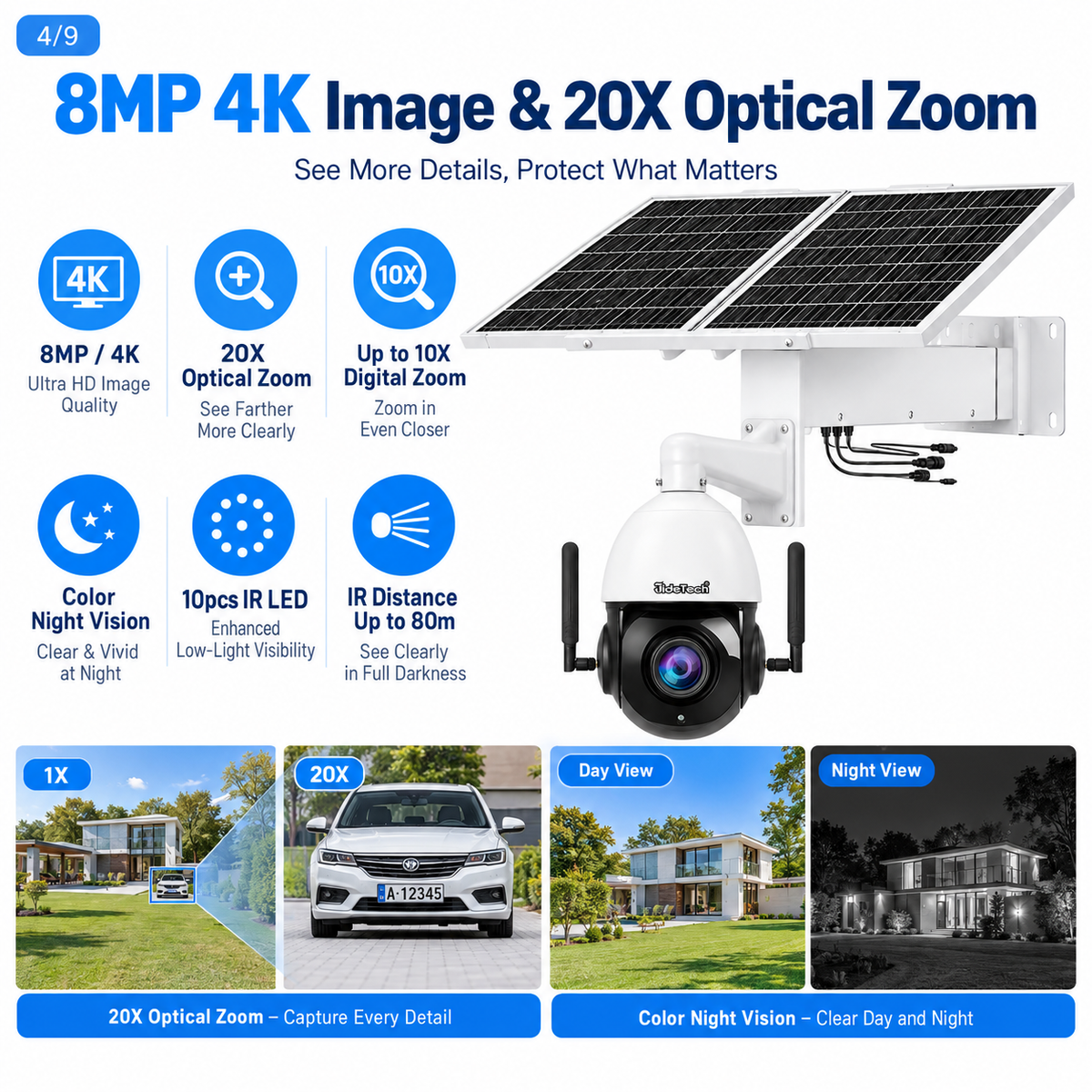 JideTech P2 8MP 4K 20X optical zoom solar PTZ camera night vision up to 80 meters