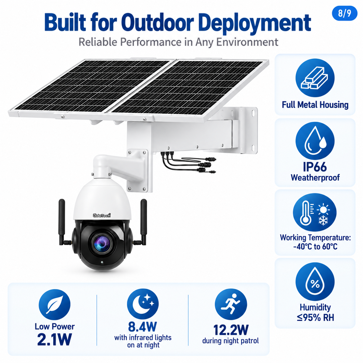 JideTech P2 IP66 outdoor solar PTZ camera low power performance for remote surveillance