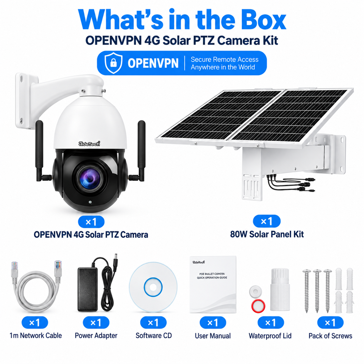 JideTech P2 OpenVPN 4G solar PTZ camera package contents with antennas and 80W solar kit