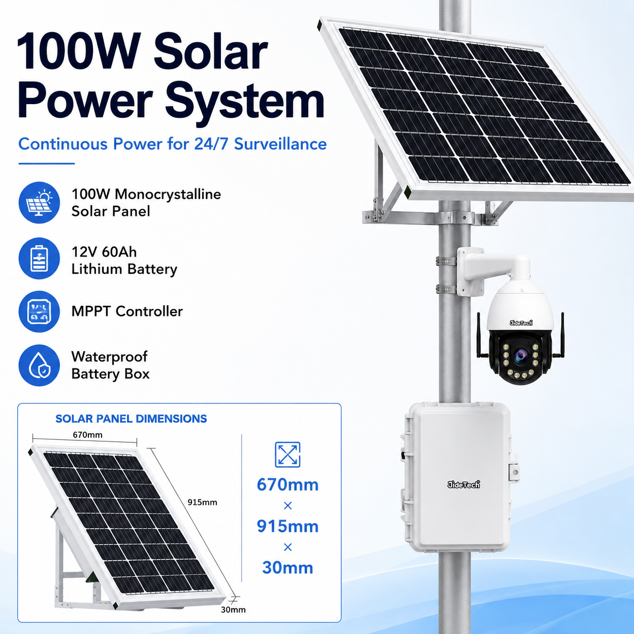 JideTech P22 8MP 30X 4G OpenVPN Solar PTZ Camera System with 100W Panel & 60Ah Battery