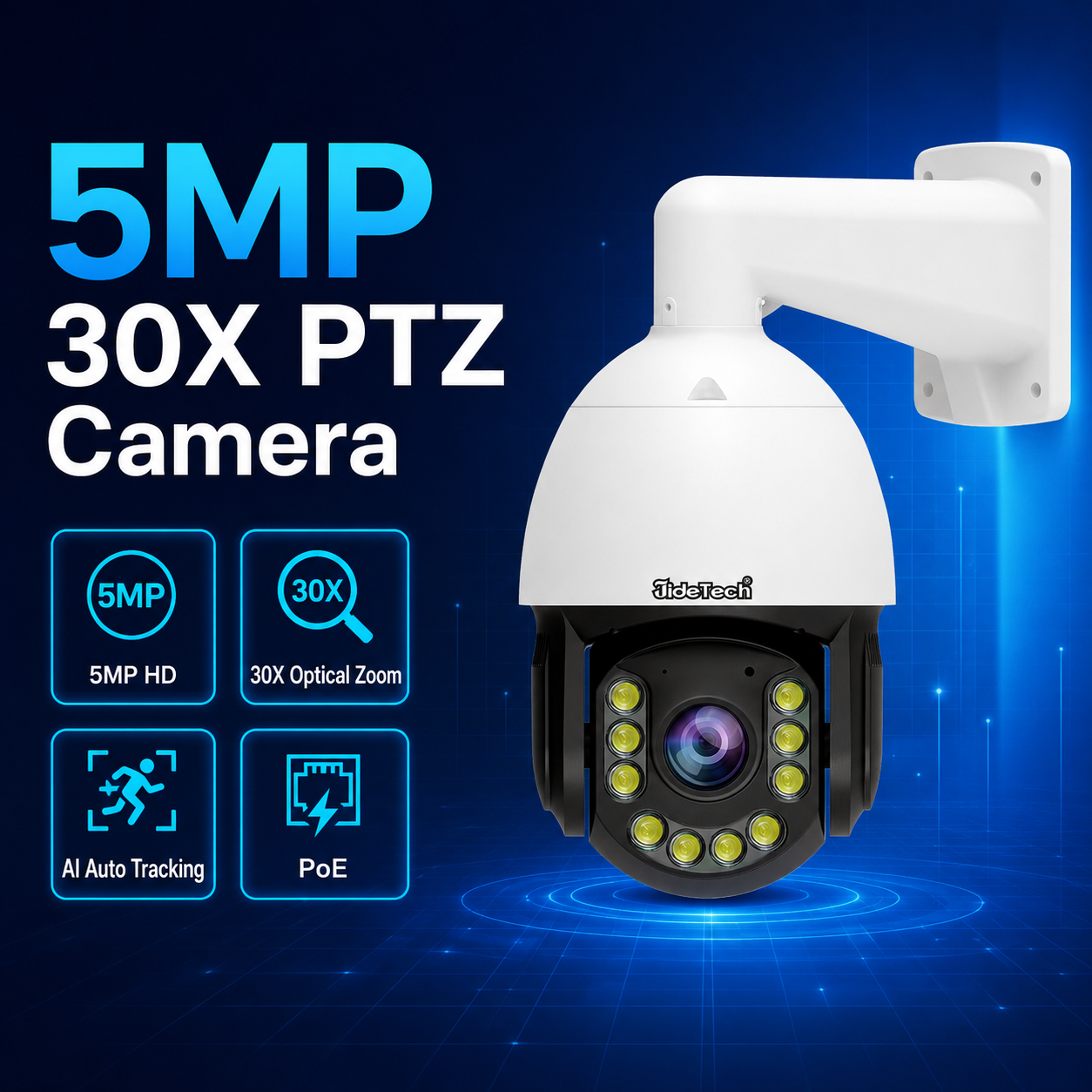 JideTech 5MP 30X Auto Tracking PoE PTZ Camera Full Color Night Vision P22