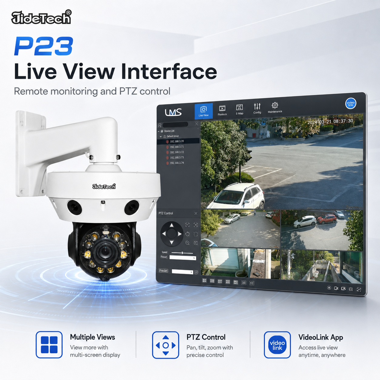 JideTech P23 5MP 240° Panoramic Multi-Lens 20X PTZ Camera with AI Auto Tracking